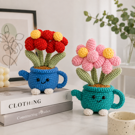 Handmade Crochet Flower Pot - Blue Watering Can Planter with Cute Flowers and Leaves, Knitted Artificial Floral Ornament for Home Office Desk Decor and Gift