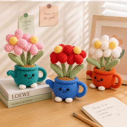Handmade Crochet Flower Pot - Blue Watering Can Planter with Cute Flowers and Leaves, Knitted Artificial Floral Ornament for Home Office Desk Decor and Gift