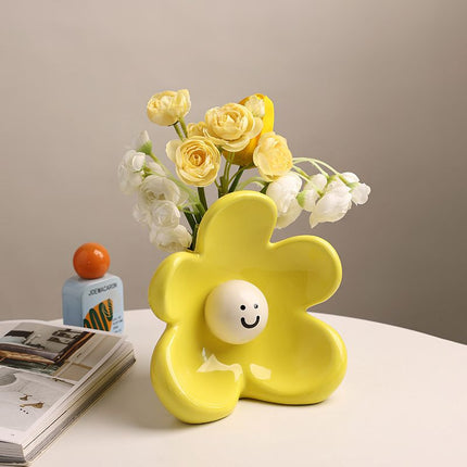 Cute Smiley Flower Ceramic Vase (Osmanthus yellow)- Glossy Floral Shaped Decorative Vase, Modern Tabletop Ornament for Living Room, Entryway, Bedroom and Home Decor