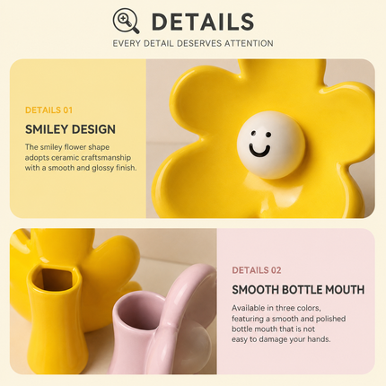 Cute Smiley Flower Ceramic Vase (Osmanthus yellow)- Glossy Floral Shaped Decorative Vase, Modern Tabletop Ornament for Living Room, Entryway, Bedroom and Home Decor