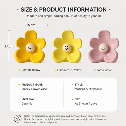 Cute Smiley Flower Ceramic Vase (Purple)- Glossy Floral Shaped Decorative Vase, Modern Tabletop Ornament for Living Room, Entryway, Bedroom and Home Decor