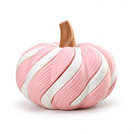 3D Printed Spiral Pumpkin Decoration - Pink and White Twisted Rib Design, Lightweight Halloween Tabletop Ornament for Autumn Home and Party Decor