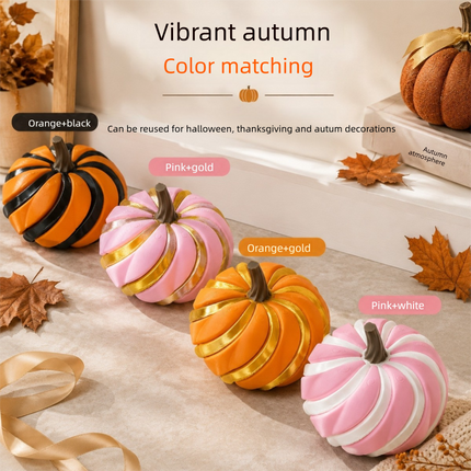 2 Pack 3D Printed Spiral Pumpkin Decoration - Orange and Dark Green Twisted Rib Design, Lightweight Halloween Tabletop Ornament for Autumn Home and Party Decor