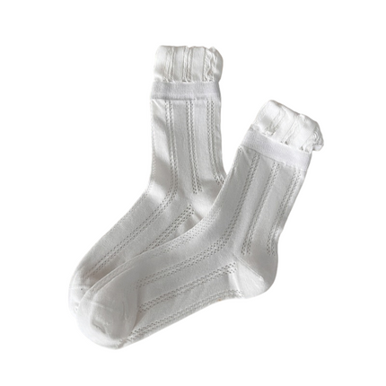 4 Pairs White Women's Lace Trim Socks - Lightweight Sheer Mesh Crew Socks with Ruffle Cuffs, Breathable Solid Colour Fashion Socks for Everyday Wear