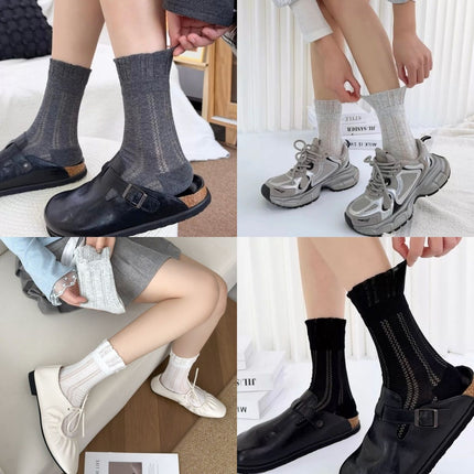 4 Pairs White Women's Lace Trim Socks - Lightweight Sheer Mesh Crew Socks with Ruffle Cuffs, Breathable Solid Colour Fashion Socks for Everyday Wear