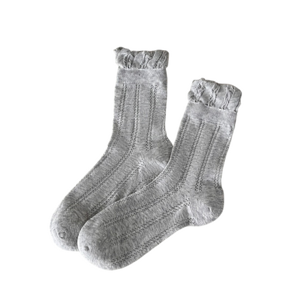 4 Pairs Light Gray Women's Lace Trim Socks - Lightweight Sheer Mesh Crew Socks with Ruffle Cuffs, Breathable Solid Colour Fashion Socks for Everyday Wear