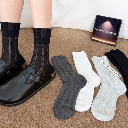 4 Pairs Light Gray Women's Lace Trim Socks - Lightweight Sheer Mesh Crew Socks with Ruffle Cuffs, Breathable Solid Colour Fashion Socks for Everyday Wear