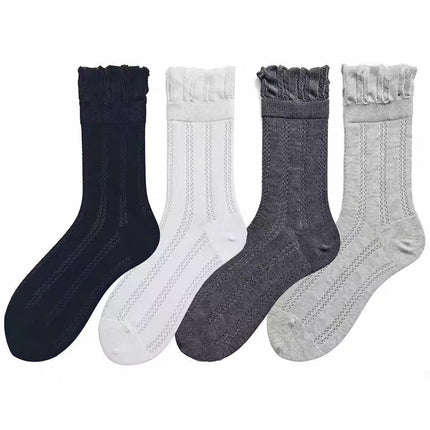 4 Pairs Mixed Colors Women's Lace Trim Socks - Lightweight Sheer Mesh Crew Socks with Ruffle Cuffs, Breathable Solid Colour Fashion Socks for Everyday Wear