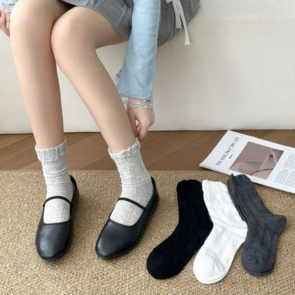 4 Pairs Mixed Colors Women's Lace Trim Socks - Lightweight Sheer Mesh Crew Socks with Ruffle Cuffs, Breathable Solid Colour Fashion Socks for Everyday Wear