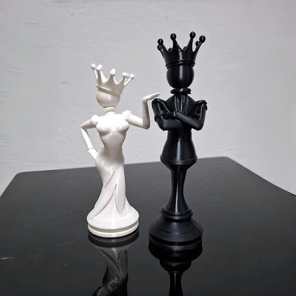 3D Printed Chess King and Queen Figurine Set - Creative Crowned Couple Sculptures, Modern Desktop Ornament for Home, Office, Shelf and Gift Decor