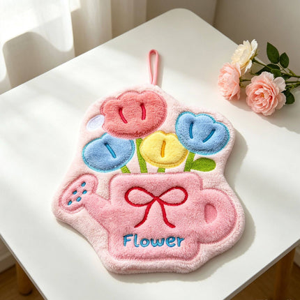 Cute Tulip Watering Can Hanging Hand Towel - Soft Coral Fleece Absorbent Flower Hand Towel with Hanging Loop for Kitchen, Bathroom and Home Use