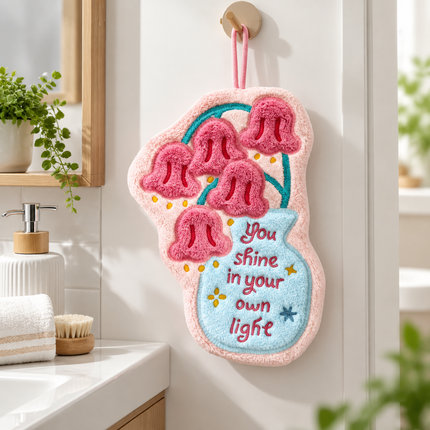 Cute Tulip Vase Hanging Hand Towel - Soft Coral Fleece Absorbent Flower Hand Towel with Hanging Loop for Kitchen, Bathroom and Home Use