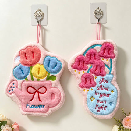 Cute Tulip Vase Hanging Hand Towel - Soft Coral Fleece Absorbent Flower Hand Towel with Hanging Loop for Kitchen, Bathroom and Home Use