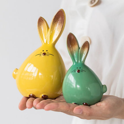 2 Piece Ceramic Rabbit Figurine Set - Cute Glossy Bunny Ornaments in Two Sizes, Decorative Animal Accents for Living Room, Bedroom, Shelf and Tabletop Decor