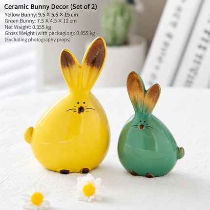 2 Piece Ceramic Rabbit Figurine Set - Cute Glossy Bunny Ornaments in Two Sizes, Decorative Animal Accents for Living Room, Bedroom, Shelf and Tabletop Decor