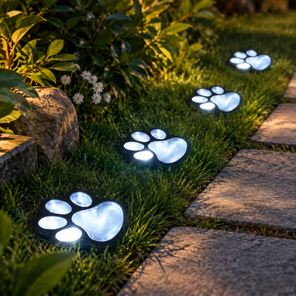 4 Pack Solar Paw Print Garden Lights (White light) - 9 cm Outdoor LED Ground Stake Lights with Dusk Activation for Lawn, Pathway, Yard and Garden Decoration