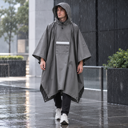 Gray Unisex Hooded Rain Poncho - Lightweight Packable Outdoor Rain Cape with Reflective Pocket, Adjustable Hood and Grommets for Hiking, Camping and Travel