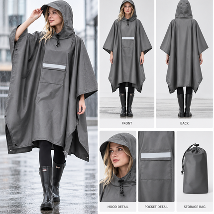 Gray Unisex Hooded Rain Poncho - Lightweight Packable Outdoor Rain Cape with Reflective Pocket, Adjustable Hood and Grommets for Hiking, Camping and Travel