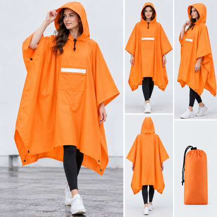 Orange Unisex Hooded Rain Poncho - Lightweight Packable Outdoor Rain Cape with Reflective Pocket, Adjustable Hood and Grommets for Hiking, Camping and Travel