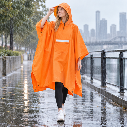 Orange Unisex Hooded Rain Poncho - Lightweight Packable Outdoor Rain Cape with Reflective Pocket, Adjustable Hood and Grommets for Hiking, Camping and Travel