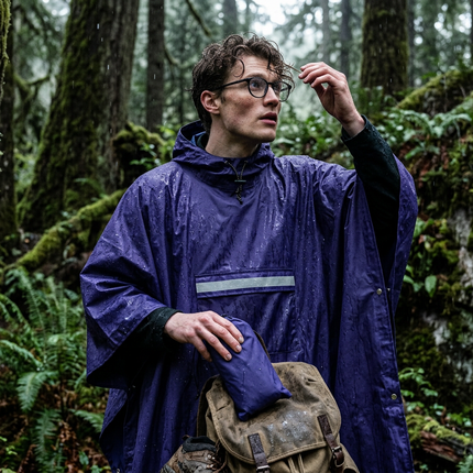 Blue Unisex Hooded Rain Poncho - Lightweight Packable Outdoor Rain Cape with Reflective Pocket, Adjustable Hood and Grommets for Hiking, Camping and Travel