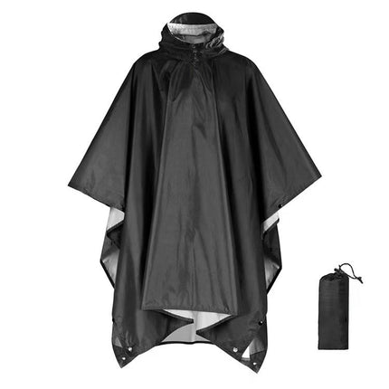 Black 3-in-1 Hooded Rain Poncho - 140 x 210 cm Lightweight Polyester Outdoor Rain Cape, Ground Sheet and Tarp with Storage Bag for Hiking and Camping
