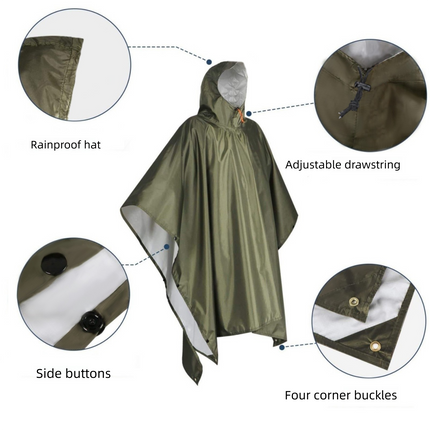 Black 3-in-1 Hooded Rain Poncho - 140 x 210 cm Lightweight Polyester Outdoor Rain Cape, Ground Sheet and Tarp with Storage Bag for Hiking and Camping