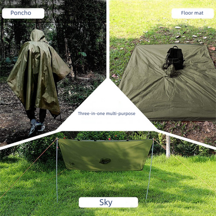 Black 3-in-1 Hooded Rain Poncho - 140 x 210 cm Lightweight Polyester Outdoor Rain Cape, Ground Sheet and Tarp with Storage Bag for Hiking and Camping