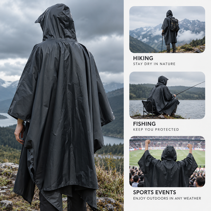 Black 3-in-1 Hooded Rain Poncho - 140 x 210 cm Lightweight Polyester Outdoor Rain Cape, Ground Sheet and Tarp with Storage Bag for Hiking and Camping