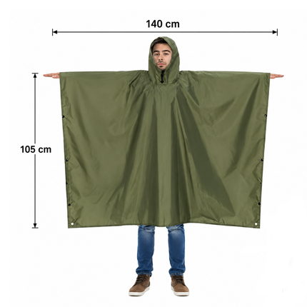 Black 3-in-1 Hooded Rain Poncho - 140 x 210 cm Lightweight Polyester Outdoor Rain Cape, Ground Sheet and Tarp with Storage Bag for Hiking and Camping