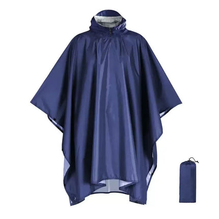Blue 3-in-1 Hooded Rain Poncho - 140 x 210 cm Lightweight Polyester Outdoor Rain Cape, Ground Sheet and Tarp with Storage Bag for Hiking and Camping