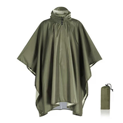 Green 3-in-1 Hooded Rain Poncho - 140 x 210 cm Lightweight Polyester Outdoor Rain Cape, Ground Sheet and Tarp with Storage Bag for Hiking and Camping
