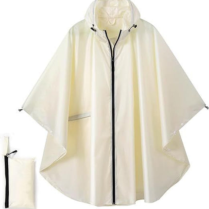Beige Hooded Rain Poncho with Full Front Zip - Lightweight Packable Rain Cape with Zipper Pocket and Storage Pouch for Hiking, Travel and Outdoor Activities