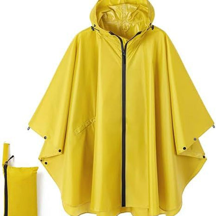 Yellow Hooded Rain Poncho with Full Front Zip - Lightweight Packable Rain Cape with Zipper Pocket and Storage Pouch for Hiking, Travel and Outdoor Activities