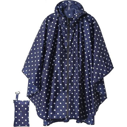 Blue Polka Dots Hooded Rain Poncho with Full Front Zip - Lightweight Packable Rain Cape with Zipper Pocket and Storage Pouch for Hiking, Travel and Outdoor Activities