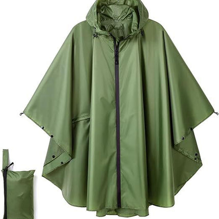 Green Hooded Rain Poncho with Full Front Zip - Lightweight Packable Rain Cape with Zipper Pocket and Storage Pouch for Hiking, Travel and Outdoor Activities