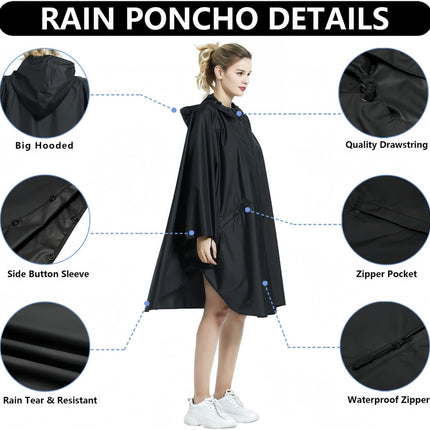 Black and White Hooded Rain Poncho with Full Front Zip - Lightweight Packable Rain Cape with Zipper Pocket and Storage Pouch for Hiking, Travel and Outdoor Activities