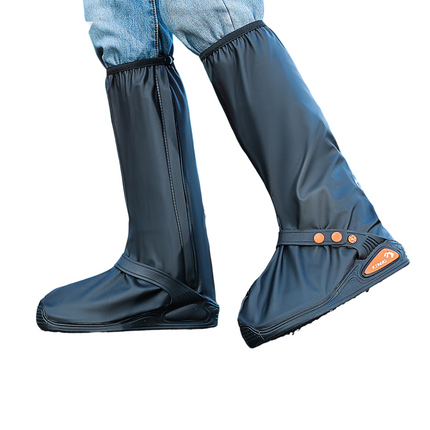 Black High Top Waterproof Rain Shoe Covers - Size XL EU 43-45, Thick Sole Reusable Overshoes with Side Zip, Adjustable Strap and Anti-Slip Sole for Cycling and Walking