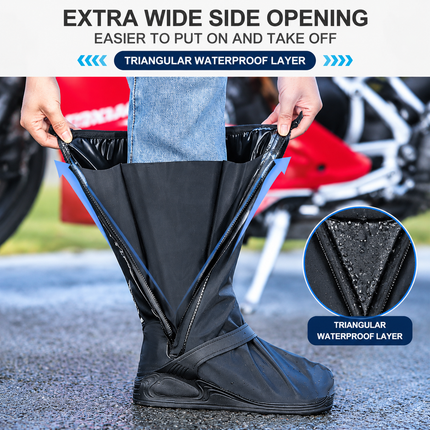 Black High Top Waterproof Rain Shoe Covers - Size XL EU 43-45, Thick Sole Reusable Overshoes with Side Zip, Adjustable Strap and Anti-Slip Sole for Cycling and Walking