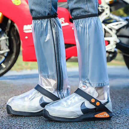 White High Top Waterproof Rain Shoe Covers - Size L EU 40-42, Thick Sole Reusable Overshoes with Side Zip, Adjustable Strap and Anti-Slip Sole for Cycling and Walking