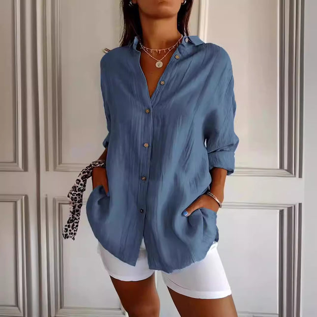 Lapel Long Sleeve Shirt Womens Single-breasted Pleated Shirt Tops V888-ELOSUNG60006