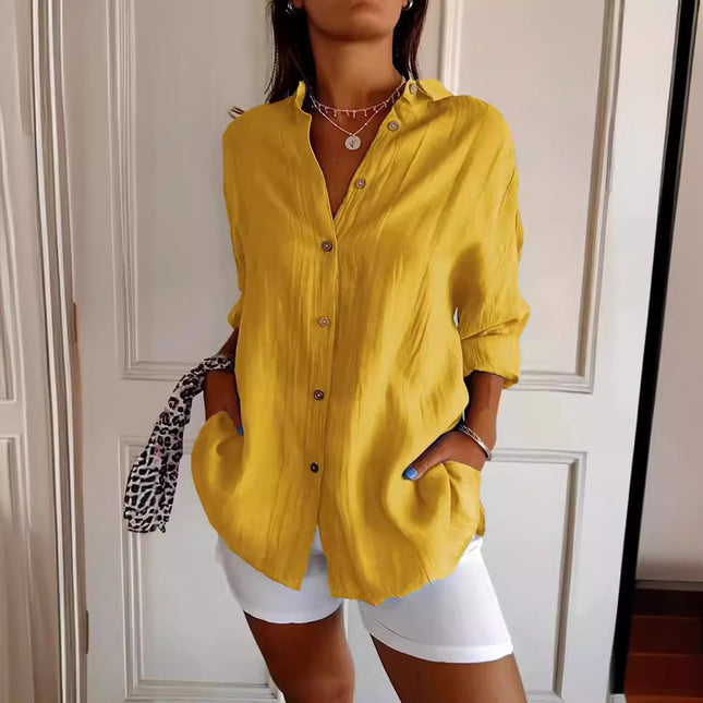 Lapel Long Sleeve Shirt Womens Single-breasted Pleated Shirt Tops – product detail