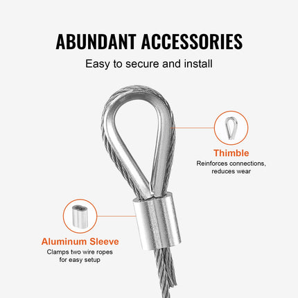 Wire Rope Kit, 1.59 mm 100.6 m 304 Stainless Steel Cable with 80 Sleeves and 20 Thimbles, 2KN Breaking Strength, 7 x 7 Strands Marine Aircraft Grade for Handrail Stair Decking Fence Outdoors