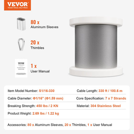 Wire Rope Kit, 1.59 mm 100.6 m 304 Stainless Steel Cable with 80 Sleeves and 20 Thimbles, 2KN Breaking Strength, 7 x 7 Strands Marine Aircraft Grade for Handrail Stair Decking Fence Outdoors
