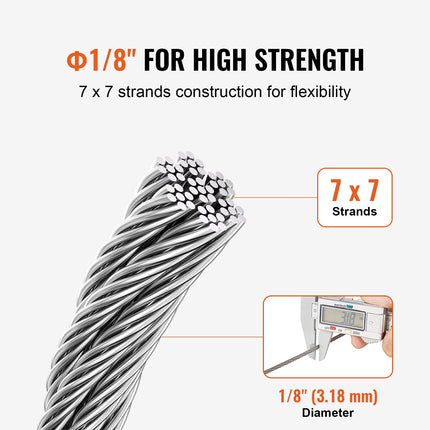 Wire Rope Kit, 3.18 mm 305 m 316 Stainless Steel Cable with Cutter and Gloves, 7.1KN Breaking Strength, 7x7 Strands Construction Marine Aircraft Grade for Handrail Stair Decking Fence Outdoors