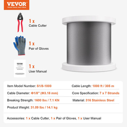 Wire Rope Kit, 3.18 mm 305 m 316 Stainless Steel Cable with Cutter and Gloves, 7.1KN Breaking Strength, 7x7 Strands Construction Marine Aircraft Grade for Handrail Stair Decking Fence Outdoors