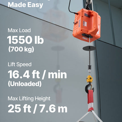 3-in-1 Electric Hoist Winch, 700 kg Capacity, 1500W Portable Power Winch Crane, 7.6 m Lifting Height, 5 m/min with Manual, Wired and Wireless Remote Control for Factory, Warehouss, Garage