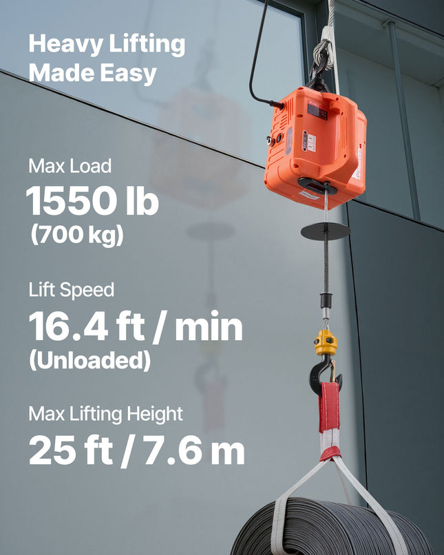 3-in-1 Electric Hoist Winch 700 kg Capacity 1500W Portable Power Winch Crane 7.6 m Lifting – product detail