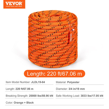 Double Braided Polyester Rope, 19 mm x 67.06 m, 24 Strands, 88.96kN Breaking Strength Outdoor Climbing Rope, Arborist Rigging Rope for Rock Hiking Camping Swing Rappelling Rescue, Orange/Black