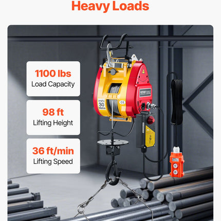 2-in-1 Electric Hoist Winch, 500 KG Capacity, 1800W Portable Power Winch, 30 m Lifting Height, 11 m/min with Wire and Wireless Remote Control, for Garage, Warehouse, Factory Lifting Towing